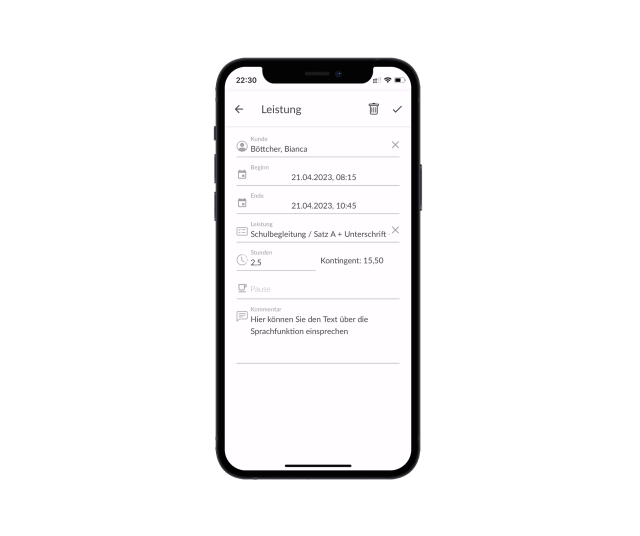 Erfassung der Betreuungszeiten in der Kilanka App mit Unterschriftsfeld