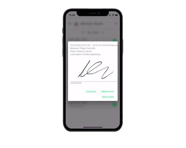 Ausgefülltes Unterschriftenfeld in der Betreuungszeiterfassung der Kilanka App